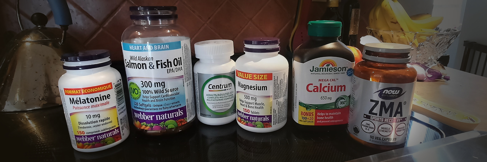 A selection of supplements laid out in the kitchen